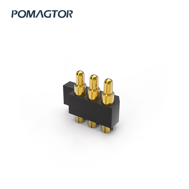 Side mounted Pogo pin connector 3Pin Stroke0.6mm(Per Contact): 25±10gf -30~85°C 4.5A 12V