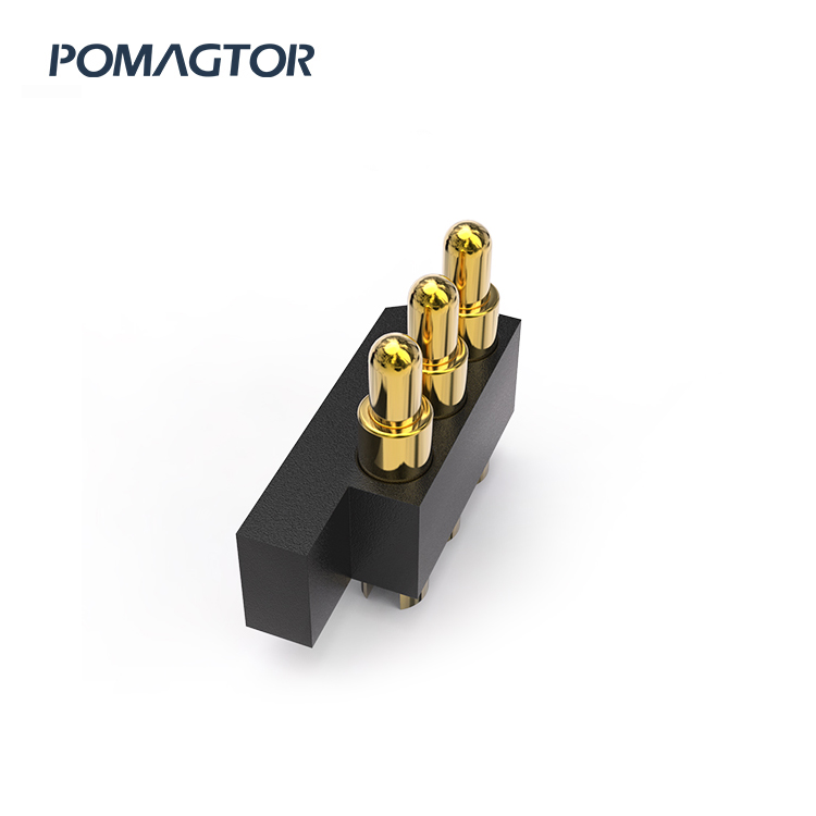 Side mounted Pogo pin connector 3Pin Stroke0.6mm(Per Contact): 25±10gf -30~85°C 4.5A 12V