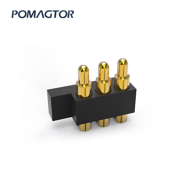 Side mounted Pogo pin connector 3Pin Stroke0.6mm(Per Contact): 25±10gf -30~85°C 4.5A 12V