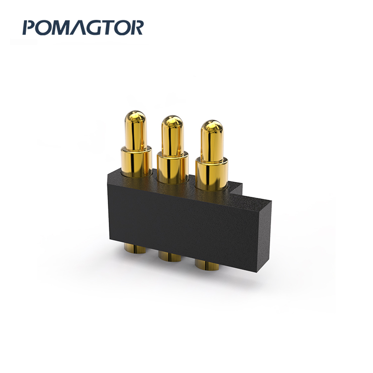 Side mounted Pogo pin connector 3Pin Stroke0.6mm(Per Contact): 25±10gf -30~85°C 4.5A 12V